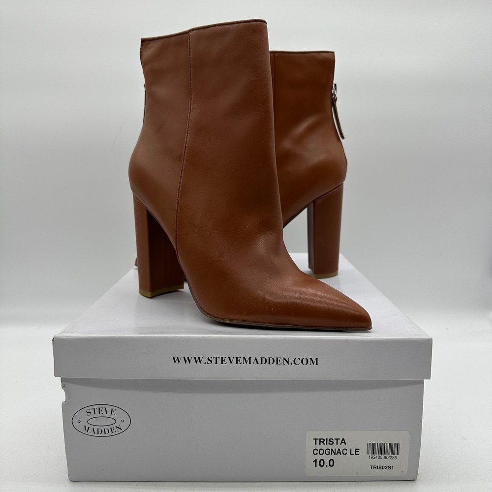 Steve Madden Womens 10 Trista TRIS02S1 Cognac Leather Ankle Block Heel Boots - Picture 2 of 12